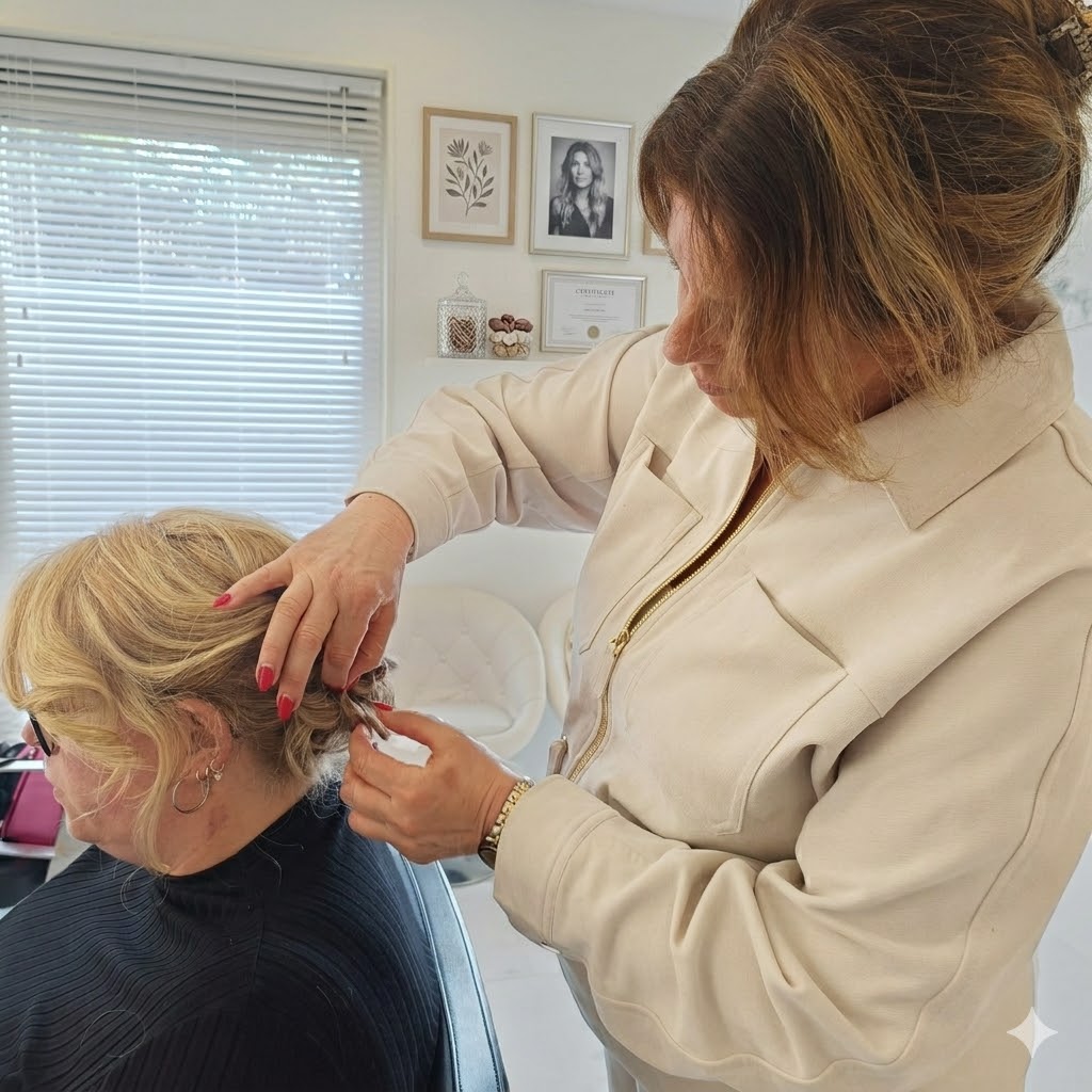 Hester stylet een elegant bruidskapsel in haar salon